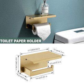 TQKAG Brushed Gold Bathroom Towel Bar Holder Sets Premium Stainless Steel 4-Piece Bathroom Hardware Set Wall Mounted Bathroom Toilet Paper Holder with Shelf Set.