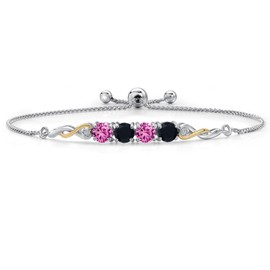 925 Silver and 10K Yellow Gold Pink Created Sapphire and Black Onyx and White Lab Grown Diamond Bracelet For Women | 2.07 Cttw | Gemstone September Birthstone | Round 5MM | Fully Adjustable 9 Inch