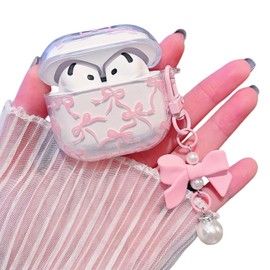 MINSCOSE Compatible with AirPods 4 Clear Case,Cute Ribbon Bow Pretty Aesthetic Design with Bow Pearl Keychain,Soft TPU Protective Shockproof Case for Women Girl for Airpod 4-Pink
