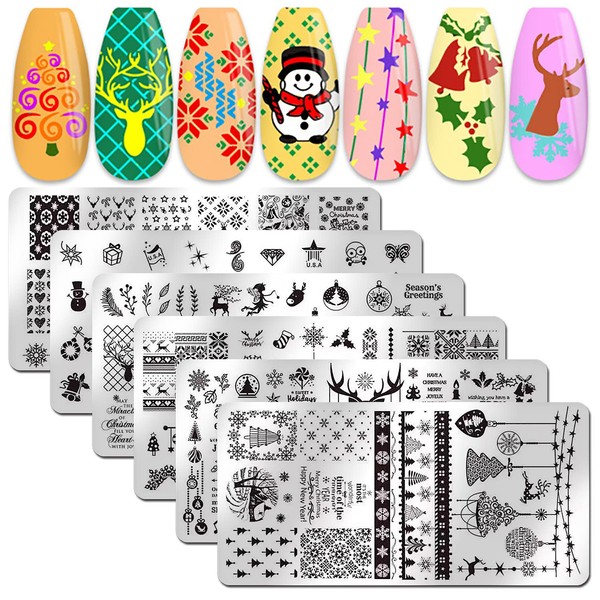WOKOTO 6Pcs Nail Art Stamp Stamping Templates Set with Christmas Design Nail Image Stamp Plate Kit Manicure Accessories
