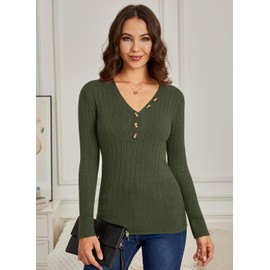 BesserBay Women's Jumper, Elegant Autumn Outfit, Bodycon Long Sleeve Pullover with Sexy V-Neck, S-XXL, olive, s