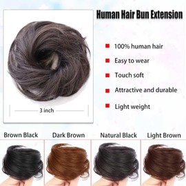 YOSILADY Messy Bun Hair Pieces Human Hair with Elastic Band Scrunchies Stretchy Fluffy Chignon Ponytail Hair Extension Updos for Women Girls (2#/Brown Black, 2Pack Straight)