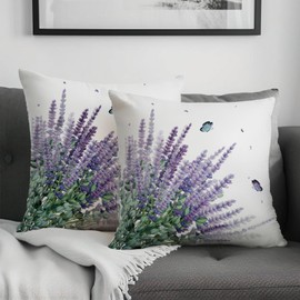 Cryfox Purple Lavender Pillow Covers 18x18 Inch Spring Butterfly Flroal Throw Pillow Cover Farmhouse Summer Purple Lavenders Square Pillowcases for Outdoor Sofa Garden Living Room Set of 2