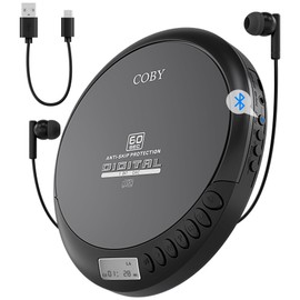 Coby Portable Bluetooth CD Player with FM Radio & Headphones, Rechargeable Anti-Skip Discman with MP3 Playback, AUX Input, Super Bass, Compact Retro Music Player for Home, Car, and Travel – Black