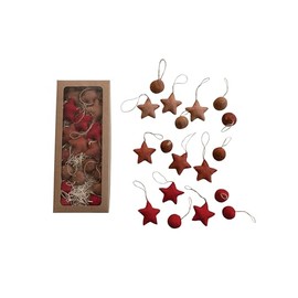 Creative Co-Op Handmade Wool Felt Ball and Star Ornaments in Kraft Box, Red and Brown, Set of 18