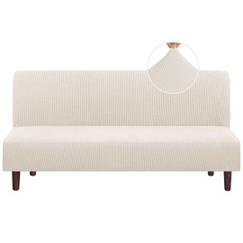 PrinceDeco Stretch Armless Futon Cover Futon Slipcover Full Queen Size Couch Cover Futon Sofa Bed Cover Furniture Protector with Elastic Bottom, Machine Washable,Ivory