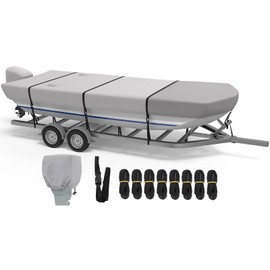 RVMasking 1200D Reinforced Jon Boat Cover with Motor Cover Heavy Duty Waterproof Trailerable Cover, 12'-14' Long, Beam Width up to 70", Gray