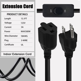 Long Extension Cord with Switch On/Off 3 Prong Grounded Plug Indoor Power Cord 13.1 FT Insulated & Flame Retardant, UL Listed