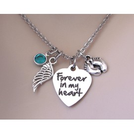 Miscarriage "Forever In My Heart" Necklace with Angel Wing, Baby Feet & Birthstone, Child Loss Memorial, Miscarriage Jewelry - Loss of Child