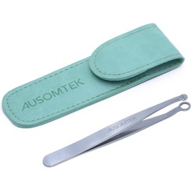 AUSOMTEK Nose Hair & Ear Hair Trimming Tweezers, Eyebrow Grooming Scissors, Eyelash Clipper, Stainless Steel Grooming Scissors, Safe Round-Headed, for Men and Women (Cyan PU Case) (1 pack)