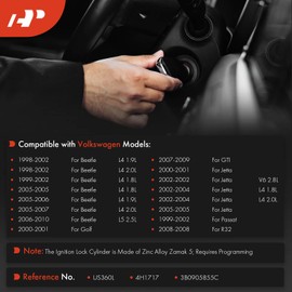 A-Premium Ignition Lock Cylinder with 2 keys Compatible with Volkswagen Vehicles - Jetta, Passat, Golf, Beetle, GTI, R32, 1.8L 1.9L 2.0L 2.5L 2.8L 3.2L 4.0L 4 Cyl 5 Cyl 6 Cyl 8 Cyl, 1998-2010