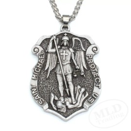 Saint St Michael Medal Shield Pendant Necklace – Zinc Alloy, 22" Wheat Chain