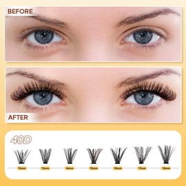 Cluster Lashes Kit 40D Individual Eyelashes Mixed 12-18mm Kit with Waterproof Lash Bond and Seal and Lash Tweezer Lashes Individual Cluster Natural Look DIY At Home(40D-kit)