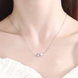 IMINI Double Starfish Crystal Pendant Necklace for Women Girsl 925 Sterling Silver Dainty CZ Lucky Star Pendant Choker Adjustable Link Chain Necklace Delicate Birthday Jewelry Gifts Daughter Bff 18"