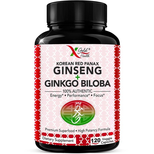 Korean Red Panax Ginseng 1200mg + Ginkgo Biloba -120 Vegan Capsules - High Ginsenosides Extra Strength Root Extract Powder Supplement for Energy, Performance & Focus Pills for Men & Women