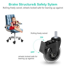 Hirate 3 inch Swivel Stem Casters with Locking Brake Threaded 3/8"-16UNC for Office Chairs Furniture and Shelves, Heavy Duty Caster Replacement Pack of 5 with Hex Nuts