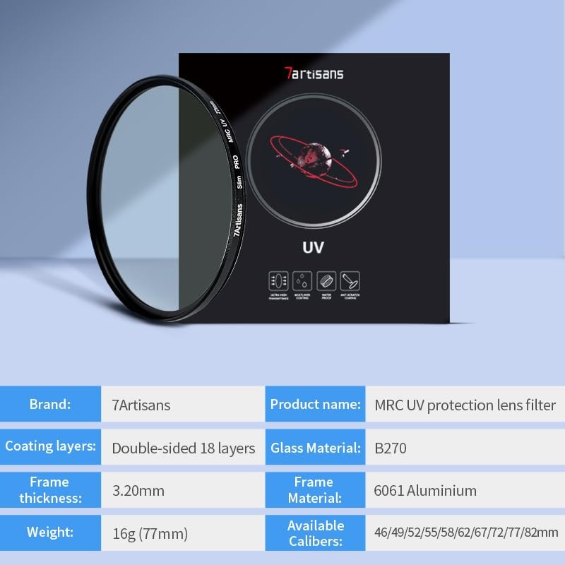 7artisans MRC UV Lens Protection Filter, High Definition Ultra-Slim Design,