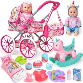 Golray 12 in Baby Doll Toys Set with Stroller for 3 4 5 6 Year Old Girl - 26pcs Babydoll with Accessories Rocking Horse/2 Clothes, Feeding Nursing Pretend Play Toddler Girl Toy Gift 3-5-7