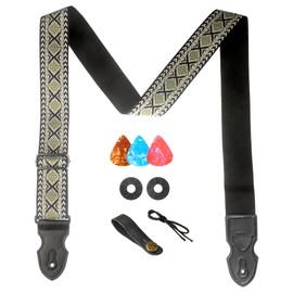 AZOR Guitar Strap with Pick Pocket for Acoustic Electric Guitar Bass, Vintage Woven Guitar Strap Adijustable,Genuine Leather Ends,with Strap Button 1 Pair Strap Locks and 3 Guitar Picks(21043)