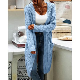 Women Hooded Open Front Cardigan Cable Knit Sweaters Solid Color Chunky Long Sweater Coats