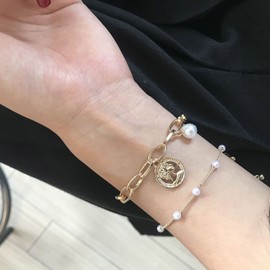 Aneneiceera Boho Disc Coin Bracelet Pearl Bracelet Freshwater Gold Paperclip Chain Bracelet Everyday Bracelet Minimalist Hand Chain Jewelry Gifts for Women Bridesmaid Gifts(Coin)