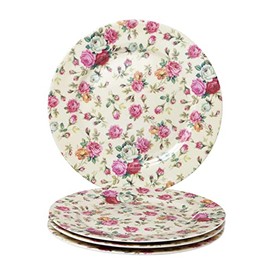 Gracie China by Coastline Imports Cream Rose Chintz All Over Set of 4 Dessert Salad Plates, 8-Inch, Pink Yellow