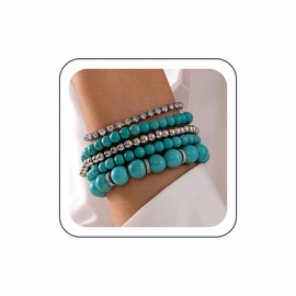 Wendalern Boho Turquoise Beaded Bracelets Set Stretch Turquoise Strand Bracelet Crystal Chain Tennis Bracelets Stackable Round Beads Chain Bracelets Stack Wrists Jewelry for Women
