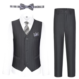Boys Gray Pinstripe Dress Suits Set with Vest, Pants, Shirt, Tie, Bow Tie, Pocket Square, Size 6