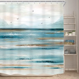 KOMLLEX Abstract Beach Shower Curtain for Bathroom Decor Teal Oil Painting Ocean Sea Wave Seagull Mountain Nature Landscape Summer Hawaii Scenery Fabric Waterproof Polyester 12 Pack Hooks 72Wx72H