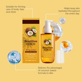 Brazilian Coco Firming Body Coconut Oil for Dry Skin, Hands with Curcuma Longa Extract, Vanilla Moisture Drenching, Radiant Looking Glow Skin Hydration, Instant Absorption