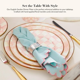 MACKENZIE-CHILDS Enamel Dinner Plate, Decorative Dinnerware Plate, 10 Inches, Pink-and-White Rosy English Garden