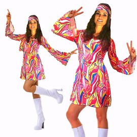 Flower Power Hippy Retro Gogo Fancy Dress Costume Outfit Size Medium (Women: 10-12) 60s Hippy Costume, Multi-Coloured with Dress and Headband, 1960's Groovy Fancy Dress, Adult Dress Up Costumes