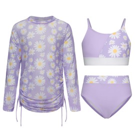 GRACE KARIN Summer Girls 3-Piece Swimsuits Bikini Bathing Suit Swimwear Swim Cover-ups for Holiday Beach Pool Purple Daisy 10 Years