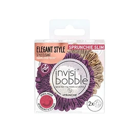 invisibobble Scrunchie Slim Purple Gold, 2 x Pleated Fabric Hair Bobbles for Girls and Women, Strong Hold & Gentle on Hair, Scrunchie Hair Scrunchie Designed in the Heart of Munich