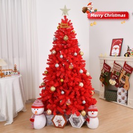 Karl home 7ft Red Artificial Christmas Tree, Classic Spruce Tree with Sturdy Metal Stand for Home, Office, Party Festival Holiday Decoration,1100 PVC Branch