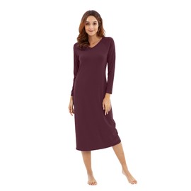 WiWi Nightgowns for Women Soft Viscose from Bamboo Long Sleeve Nightshirts Sleepwear Plus Size Nightshirts S-3X, Fig Red, Medium