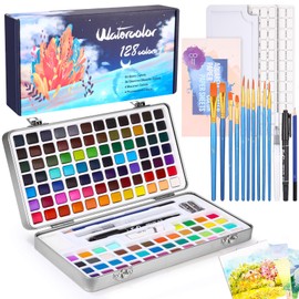 Azyvum Watercolour Paint Set 128 Colours in Portable Box, with Brush and Watercolour Paper, Watercolour for Travel, Watercolours for Artists, Hobby Painters and Painting Lovers