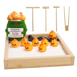 Humorous Emotional Support Dumpster Fire Desk Toy - Unique Desk Accessories, Mini Zen Garden Sand Box with Crochet Figure & 8 Flames, Funny Gift for Coworkers & Office Stress Relief