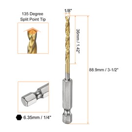 sourcing map 10pcs 1/4" Hex Shank Drill Bit 1/8" Gold Titanium M2 High Speed Steel Twist Drill Bit 135 Degree Split Point Tip Drilling Tool with Quick Change Hex Shank for Metal Wood Plastic