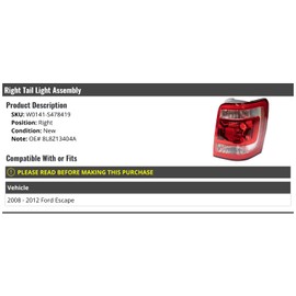 Marketplace Auto Parts Right Passenger Side Tail Light Assembly - Compatible with 2008-2012 Ford Escape
