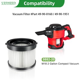 3 Pack 49-90-0160 HEPA Filter Compatible with Milwaukee Compact M18 Vacuum 0882-20, with 6 Foam Sleeve Filters & 1 Brush, Replace Part #49-90-0160, 49-90-1951