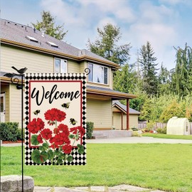 Starlit Patio Spring Summer Geranium Welcome Garden Flag 12 x 18 Inch Double Sided Summer Bee Red Floral Buffalo Plaid Small Yard Flag House Seasonal Farmhouse Outside Outdoor Decoration