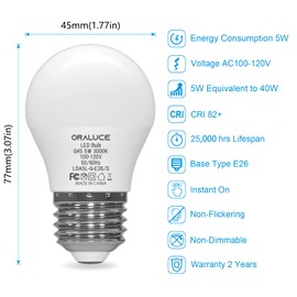 ORALUCE A15 Light Bulbs 40 Watt Warm White 3000K, Small LED Light Bulb 5 Watt, G45 E26 Medium Base Lightbulb 450 Lumen for Appliance,Non-Dimmable,12 Pack