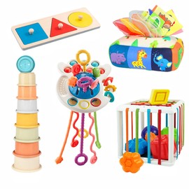 OundarM 5 in 1 Montessori Sensory Toys for Baby Toddlers Pull String Activity Toy Stacking Cups Shape Sorter Cube Animals Tissue Box Wooden Geometric Shape Puzzles Educational Toys for 1 2 3 Years Old