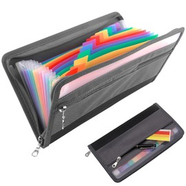 Expanding File A5, Document Folder with Zip and Colourful Labels, Folder Document Folder with Compartments, Receipt Organiser 29 x 16 cm, Expanding Folder for Checks, Bills, Receipts, Coupon