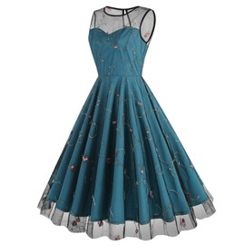 IBTOM CASTLE 1950s Cocktail Dresses for Women: Ladies Vintage Floral Embroidery Dress Sleeveless Mesh Knee Length Swing Dress Wedding Guest Evening Tea Party Gown Prom Retro Homecoming Dress Green XXL