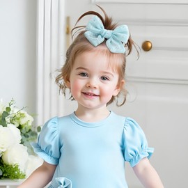 YanJie 2PCS Lace Hair Bow Clips 4’’ Light Blue Alligator Barrettes Bows with Rhinestone Baby Girl Hair Accessories for Infant Toddler Kids Teen Girls