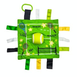 Baby Jack & Co - Manta sensorial de felpa para deportes de tenis de 10 x 10 pulgadas, juguetes de etiqueta para bebés, juguetes de carriola de bebé, aprenda formas, letras y colores, juguete perfecto