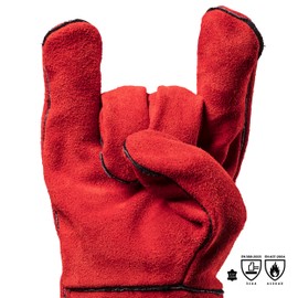 Feuermeister Premium BBQ glove in red leather for men / a pair / EN 407 certified / heat-resistant / made from top-quality leather / extra-long for baking, cooking and barbecuing