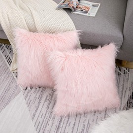 WLNUI Set of 2 Pink Fluffy Pillow Covers New Luxury Series Merino Style Blush Faux Fur Decorative Throw Pillow Covers Square Fuzzy Cushion Case 16x16 Inch